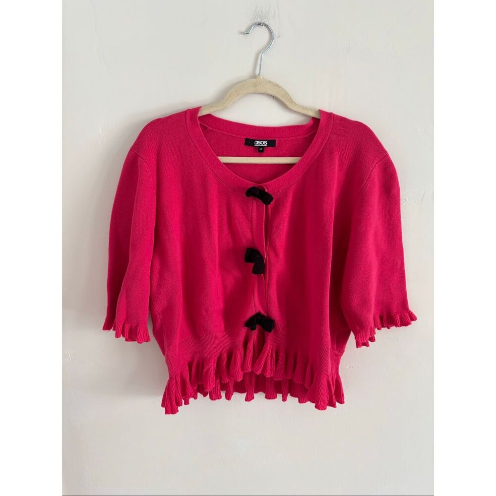 ASOS Hot Pink Button-Up Cardigan Size 20 Flutter Sleeve Front Bow Detail